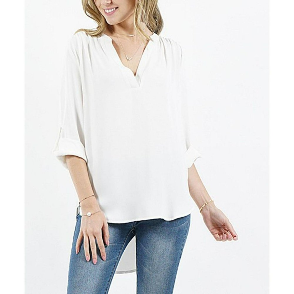 NWT Lydiane Ivory Split-Neck Roll-Tab Hi-Low Top - Picture 2 of 3